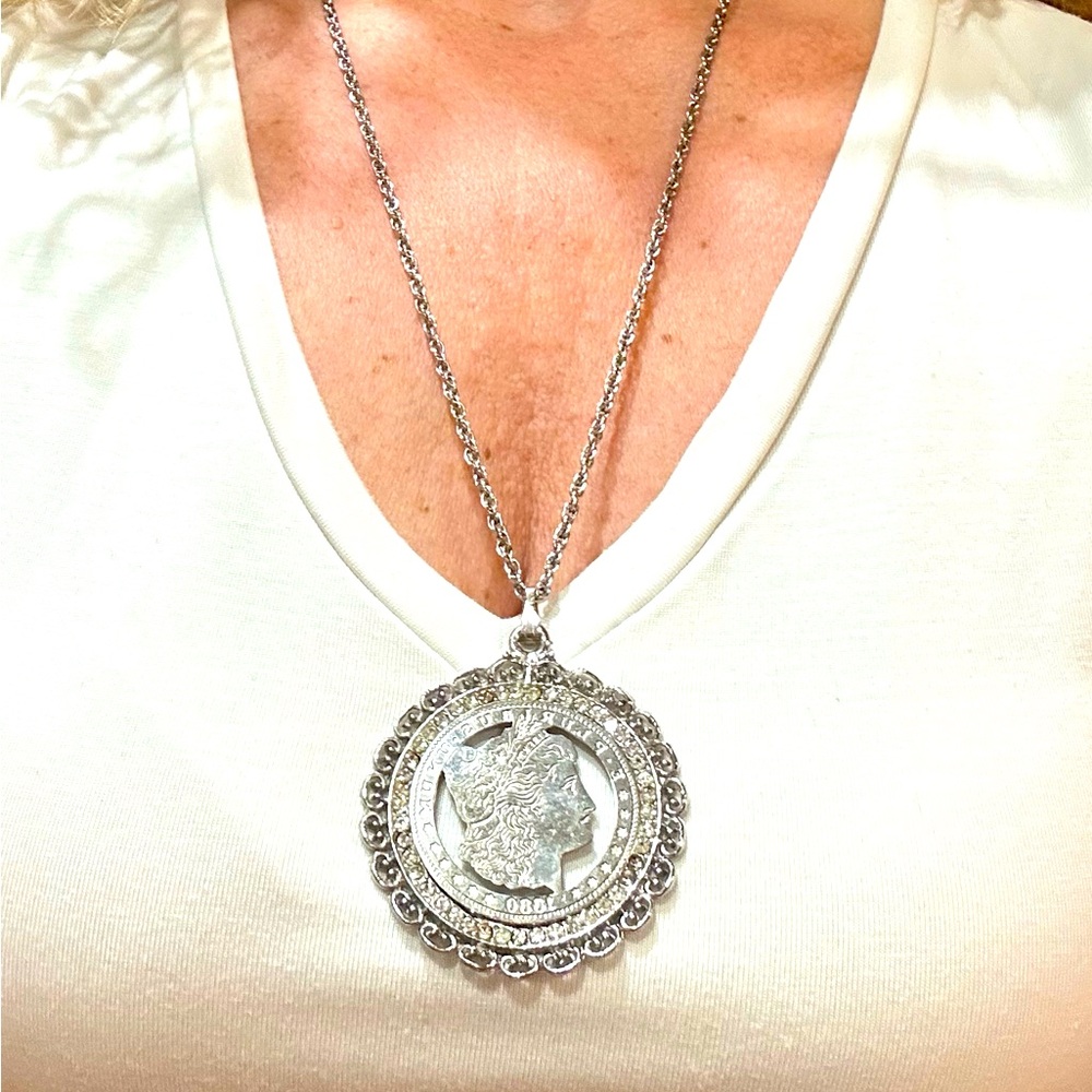 Vintage Pluribus Unum Morgan Silver Dollar Pendant with chain. Silver plated.